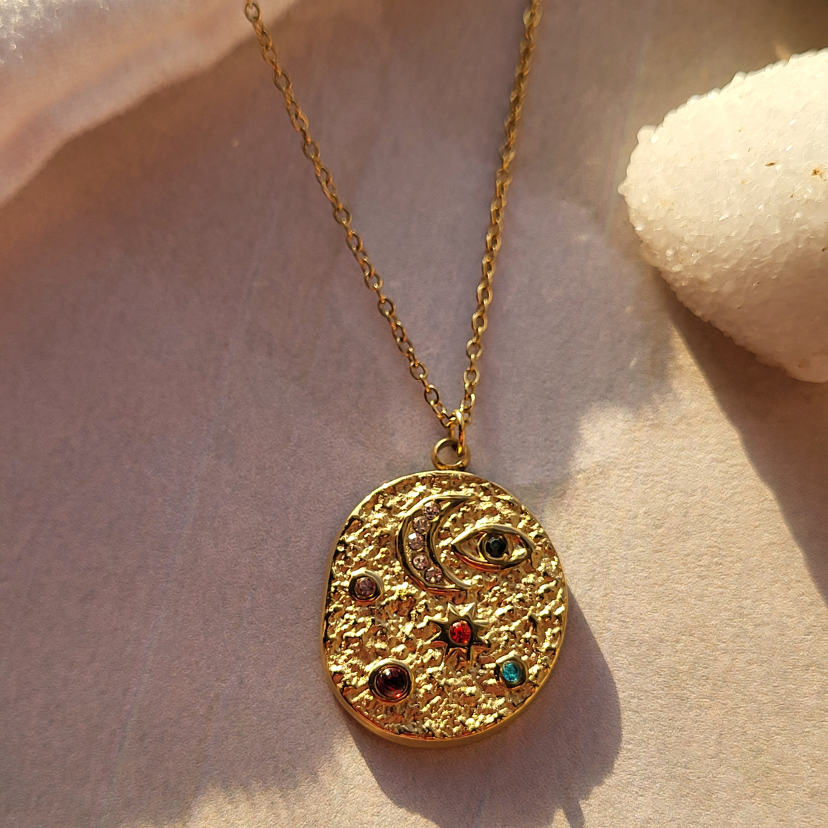 Indu Moon Necklace: Cosmic Gold Coin Pendant Necklace
