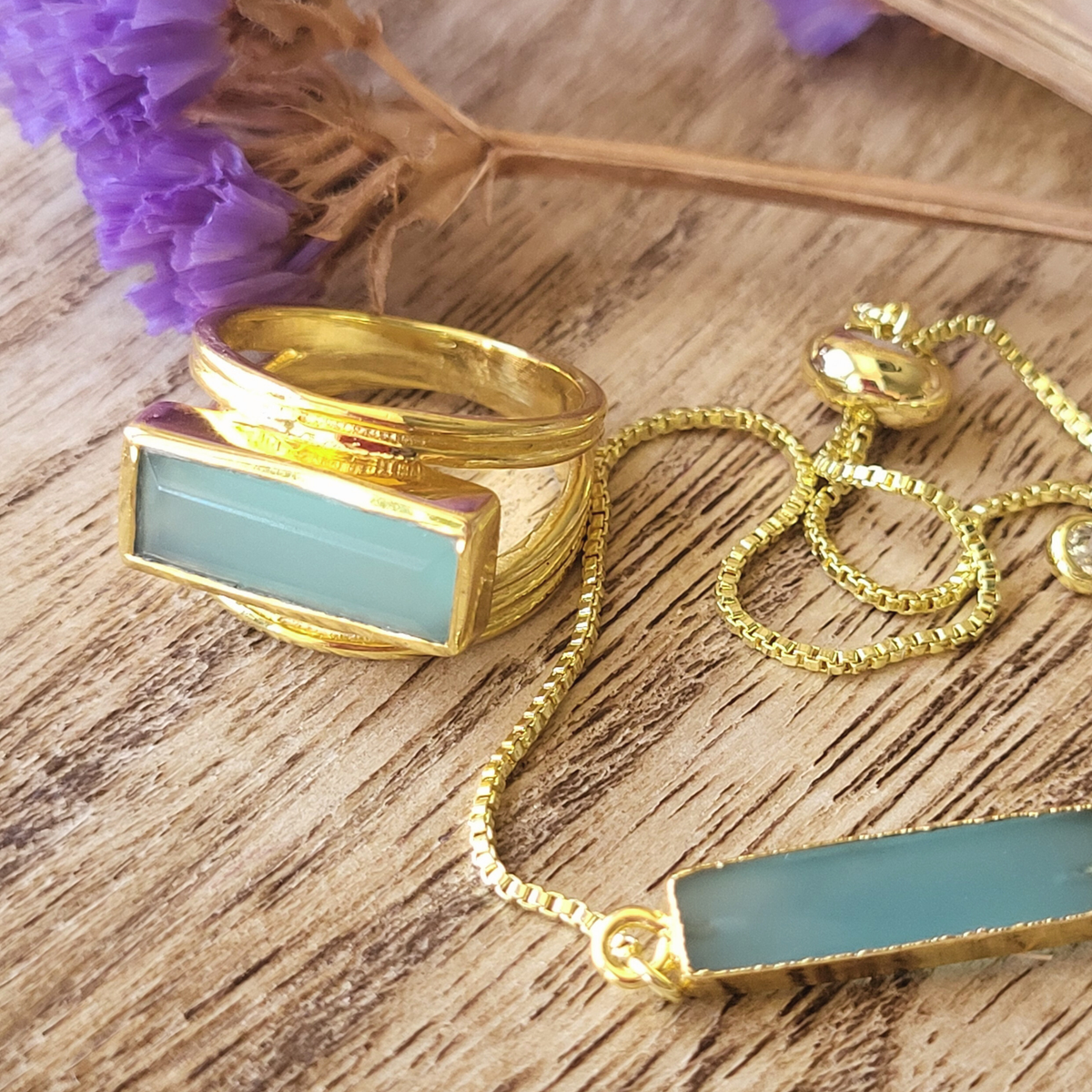 Adjustable Gold Stone Bracelet – Black Onyx, Green Onyx & Aqua Chalcedony