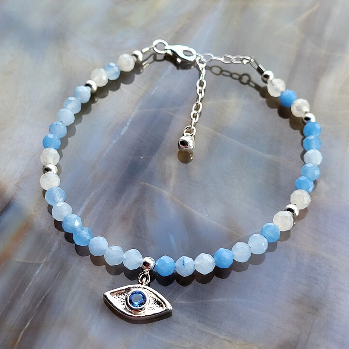 Flow — Emotional Clarity Ritual Bracelet | Aquamarine & Moonstone | Sterling Silver Evil Eye