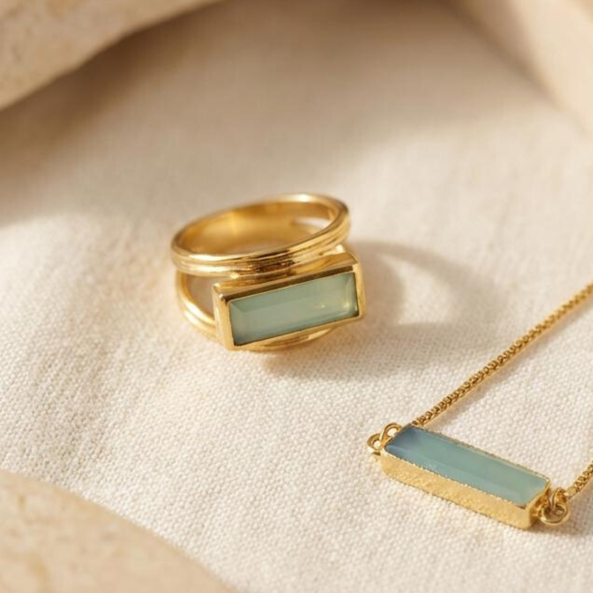 Althea Handmade Gold Natural Gemstone Ring: Black Onyx, Green Onyx, Aqua Chalcedony