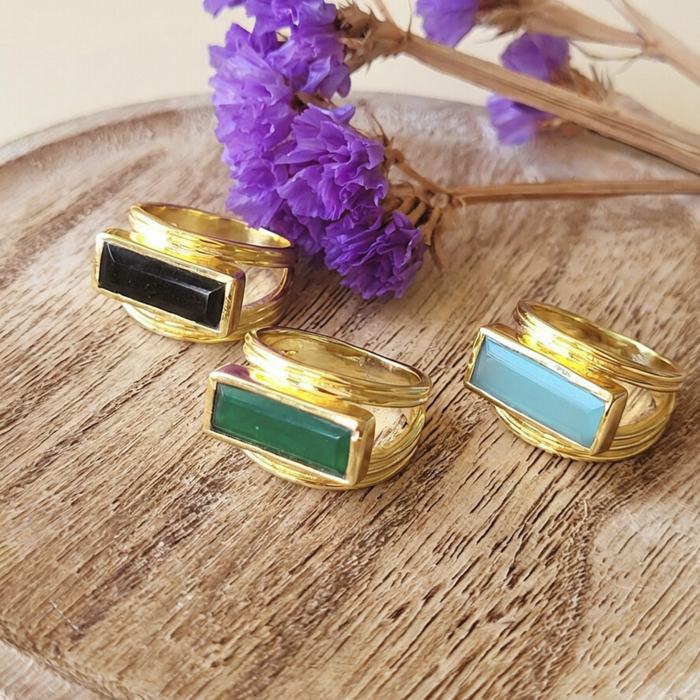 Althea Handmade Gold Natural Gemstone Ring: Black Onyx, Green Onyx, Aqua Chalcedony