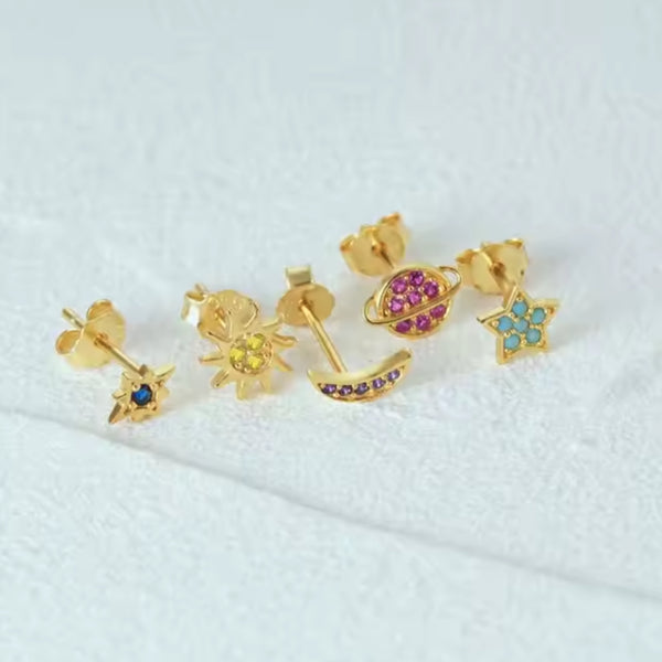 Cosmic dainty stud earrings: Mix set of 5: 925 STERLING SILVER