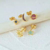 Cosmic dainty stud earrings: Mix set of 5: 925 STERLING SILVER