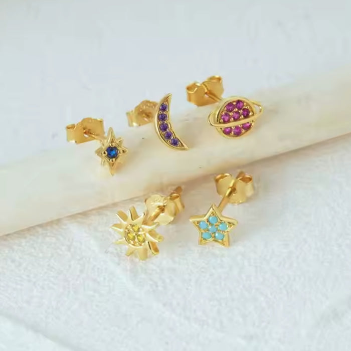 Cosmic dainty stud earrings: Mix set of 5: 925 STERLING SILVER