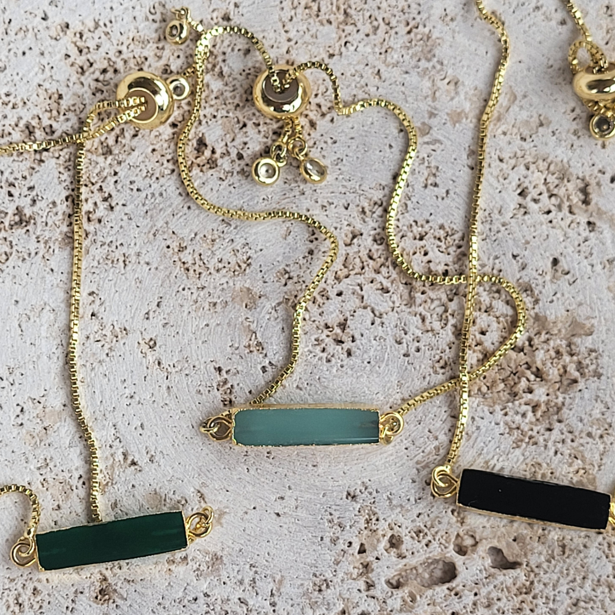 Adjustable Gold Stone Bracelet – Black Onyx, Green Onyx & Aqua Chalcedony