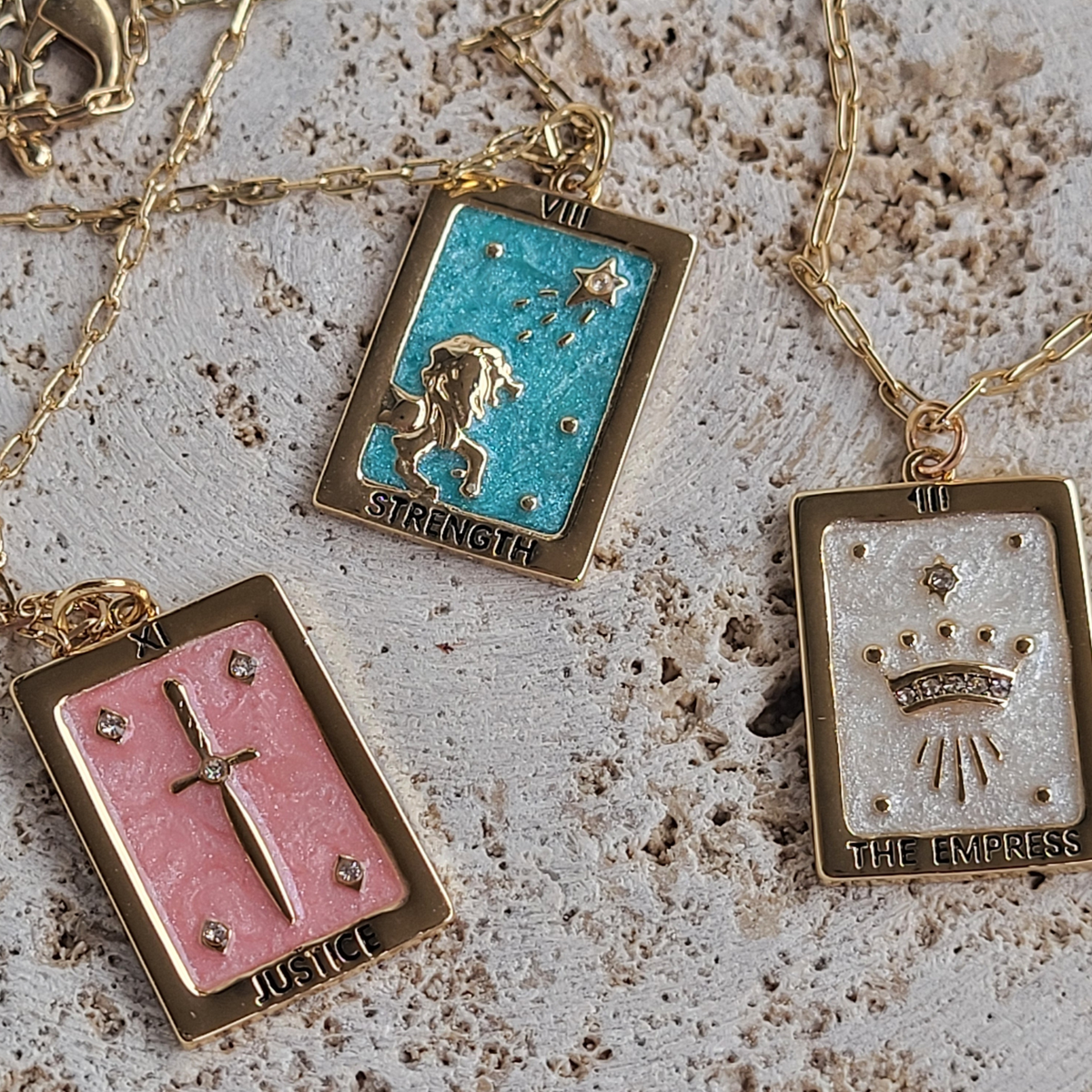 Tarot Square Pendant Necklaces:  Empress / Justice / Strength