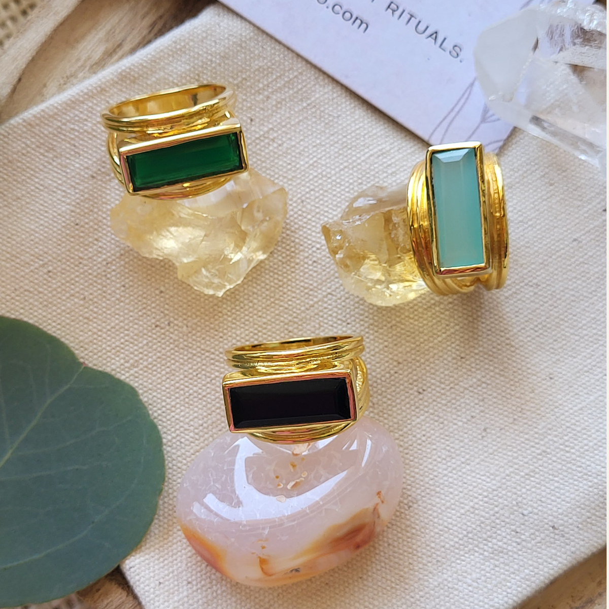 Bar Gemstone Ring: Black Onyx, Green Onyx, Aqua Chalcedony