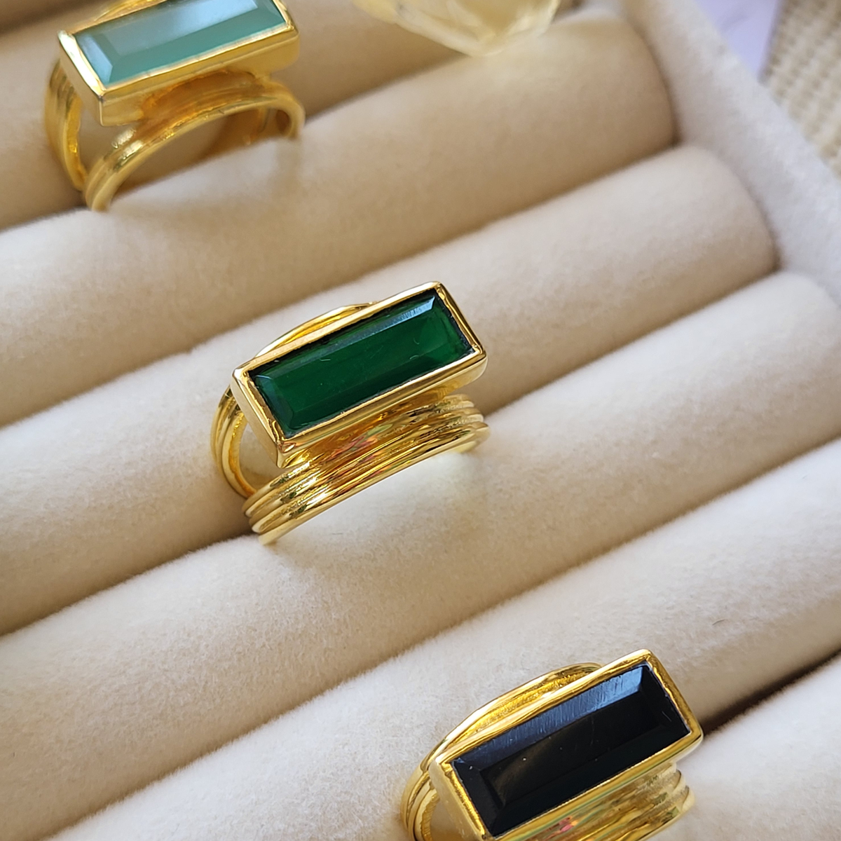 Bar Gemstone Ring: Black Onyx, Green Onyx, Aqua Chalcedony