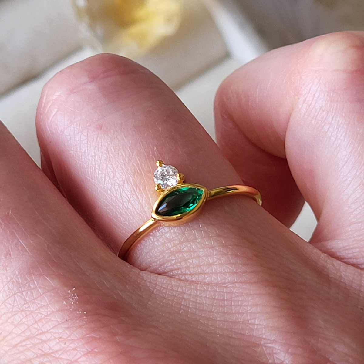 Marquise Gold Green Stacking Ring - 925 Silver