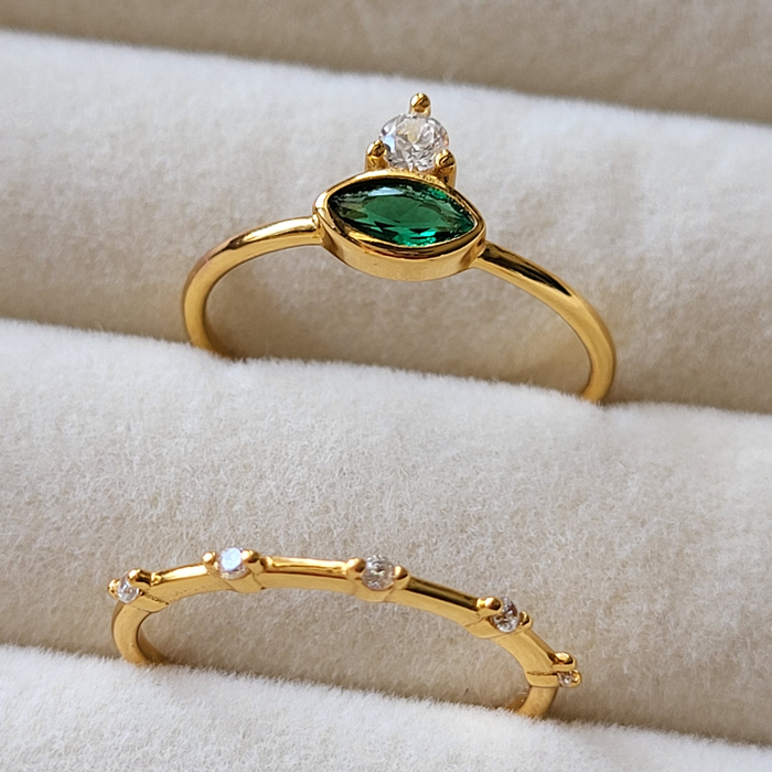 Marquise Gold Green Stacking Ring - 925 Silver