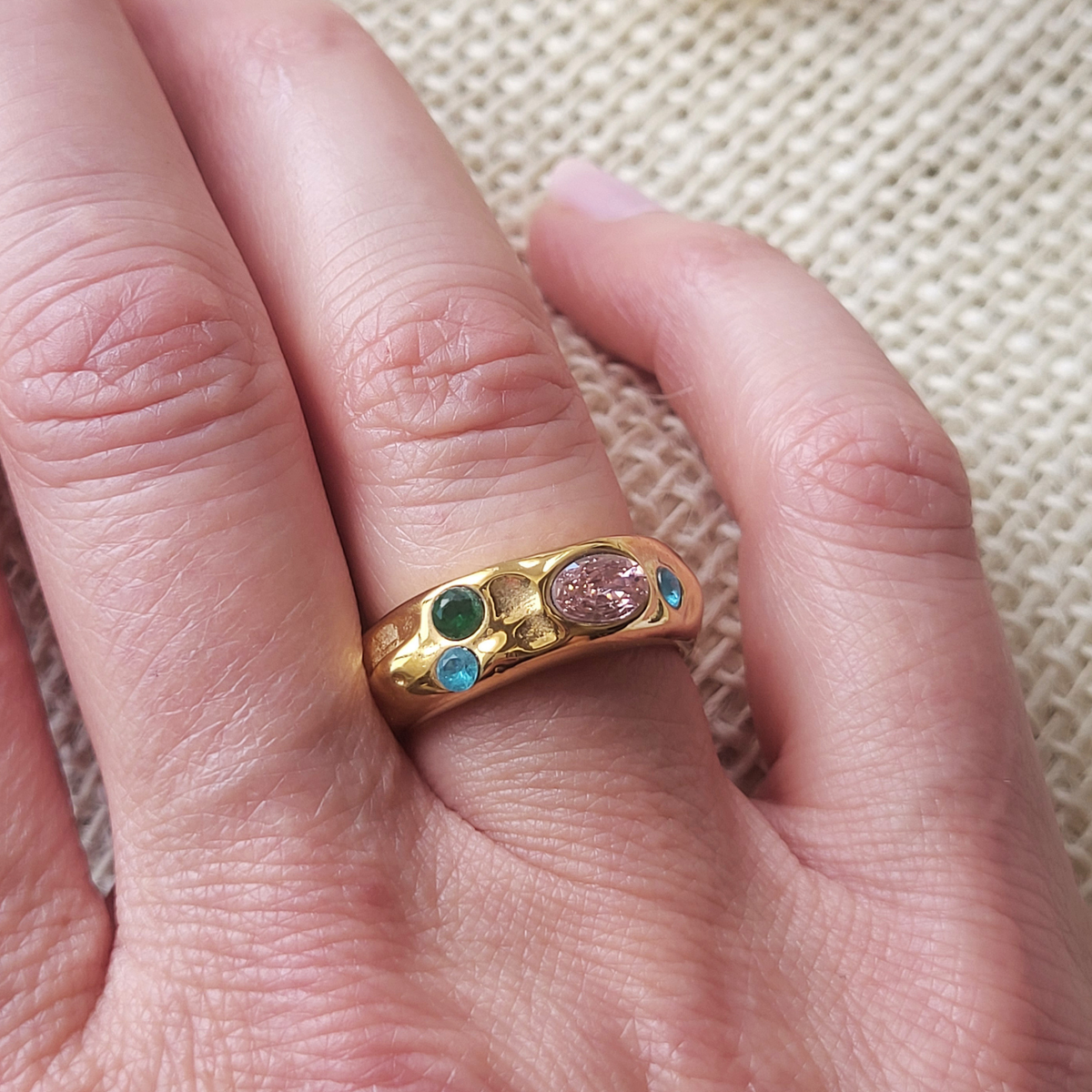 Dewdrops Gold Hammered Zirconia Ring