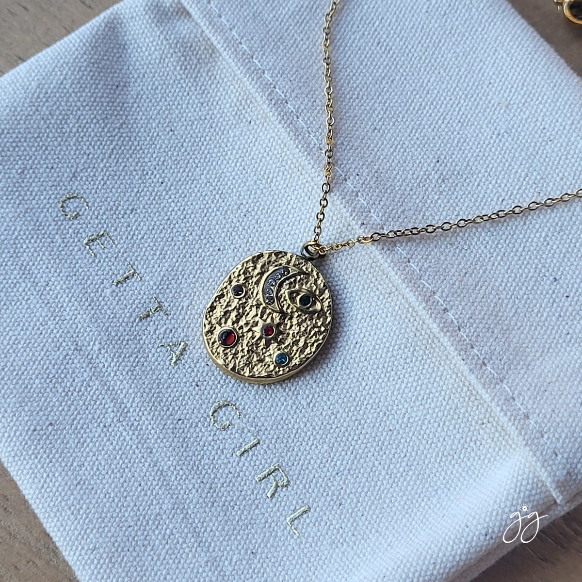 Indu Moon Necklace: Cosmic Gold Coin Pendant Necklace