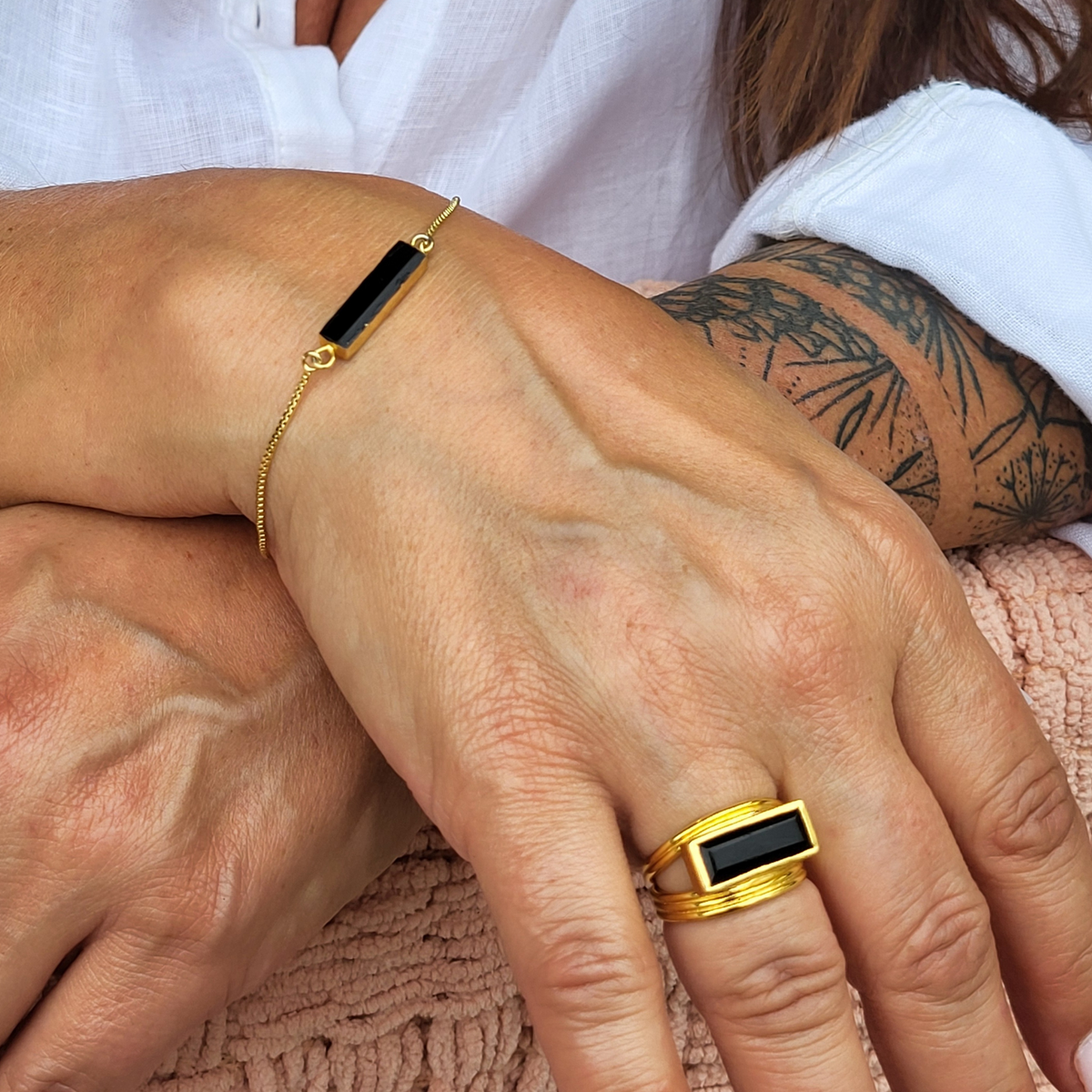 Althea Handmade Gold Natural Gemstone Ring: Black Onyx, Green Onyx, Aqua Chalcedony