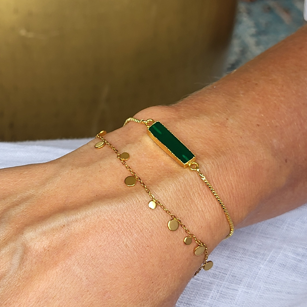 Adjustable Gold Stone Bracelet – Black Onyx, Green Onyx & Aqua Chalcedony