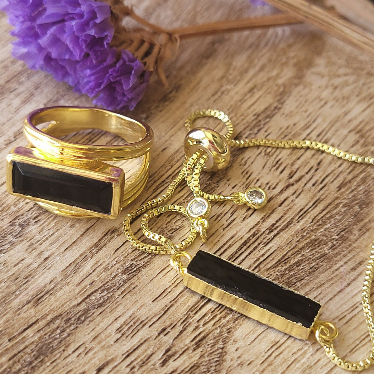 Althea Handmade Gold Natural Gemstone Ring: Black Onyx, Green Onyx, Aqua Chalcedony