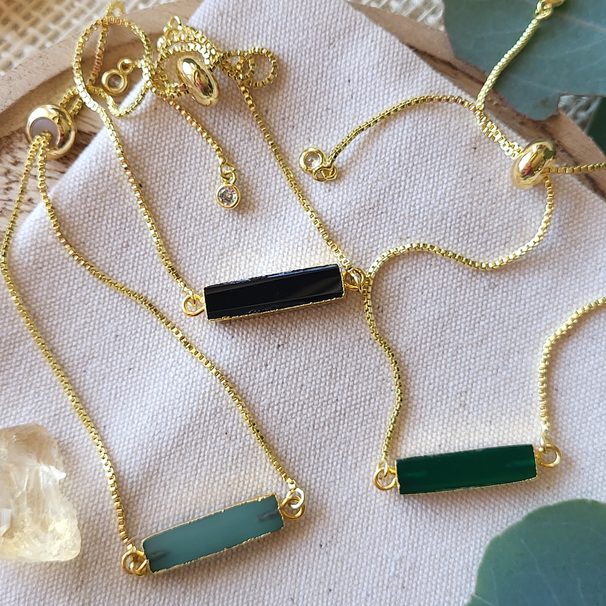 Adjustable Gold Stone Bracelet – Black Onyx, Green Onyx & Aqua Chalcedony