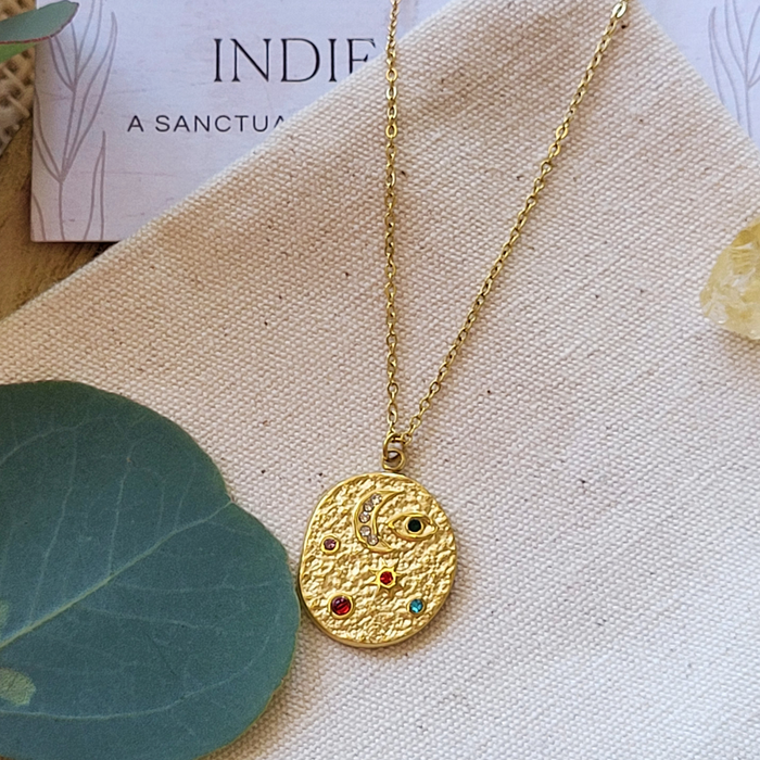 Indu Moon Necklace: Cosmic Gold Coin Pendant Necklace