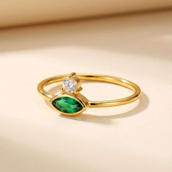 Marquise Gold Green Stacking Ring - 925 Silver