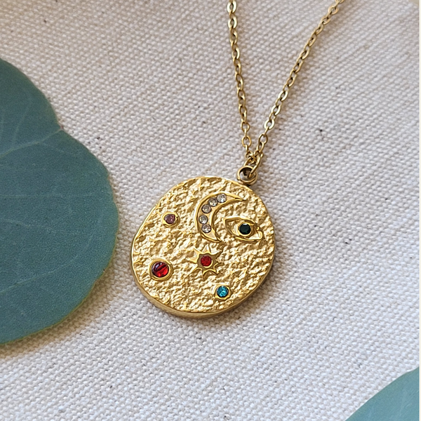 Indu Moon Necklace: Cosmic Gold Coin Pendant Necklace