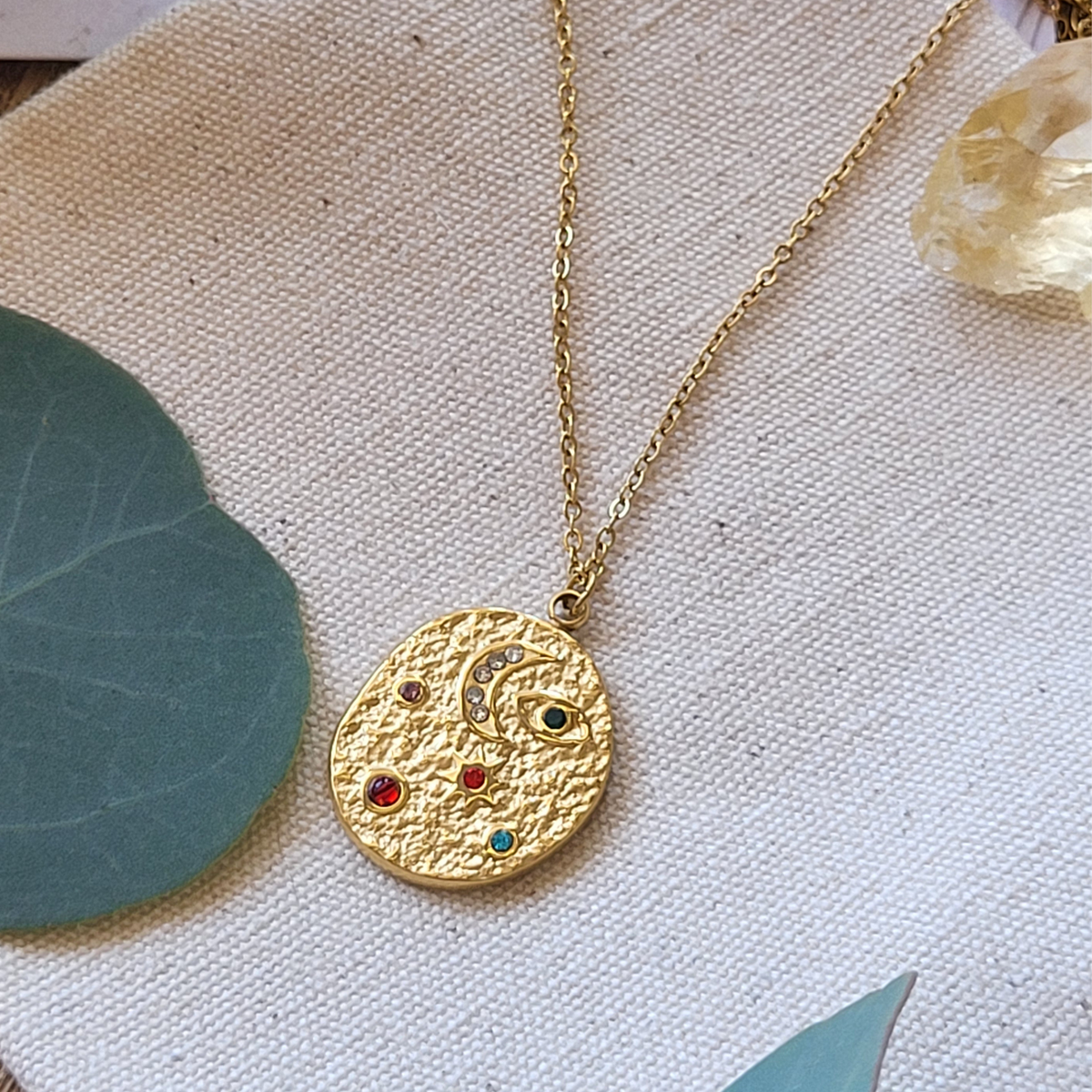 Indu Moon Necklace: Cosmic Gold Coin Pendant Necklace