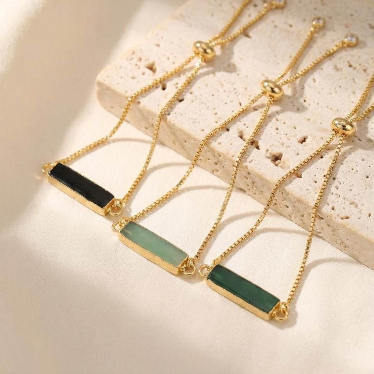 Adjustable Gold Stone Bracelet – Black Onyx, Green Onyx & Aqua Chalcedony