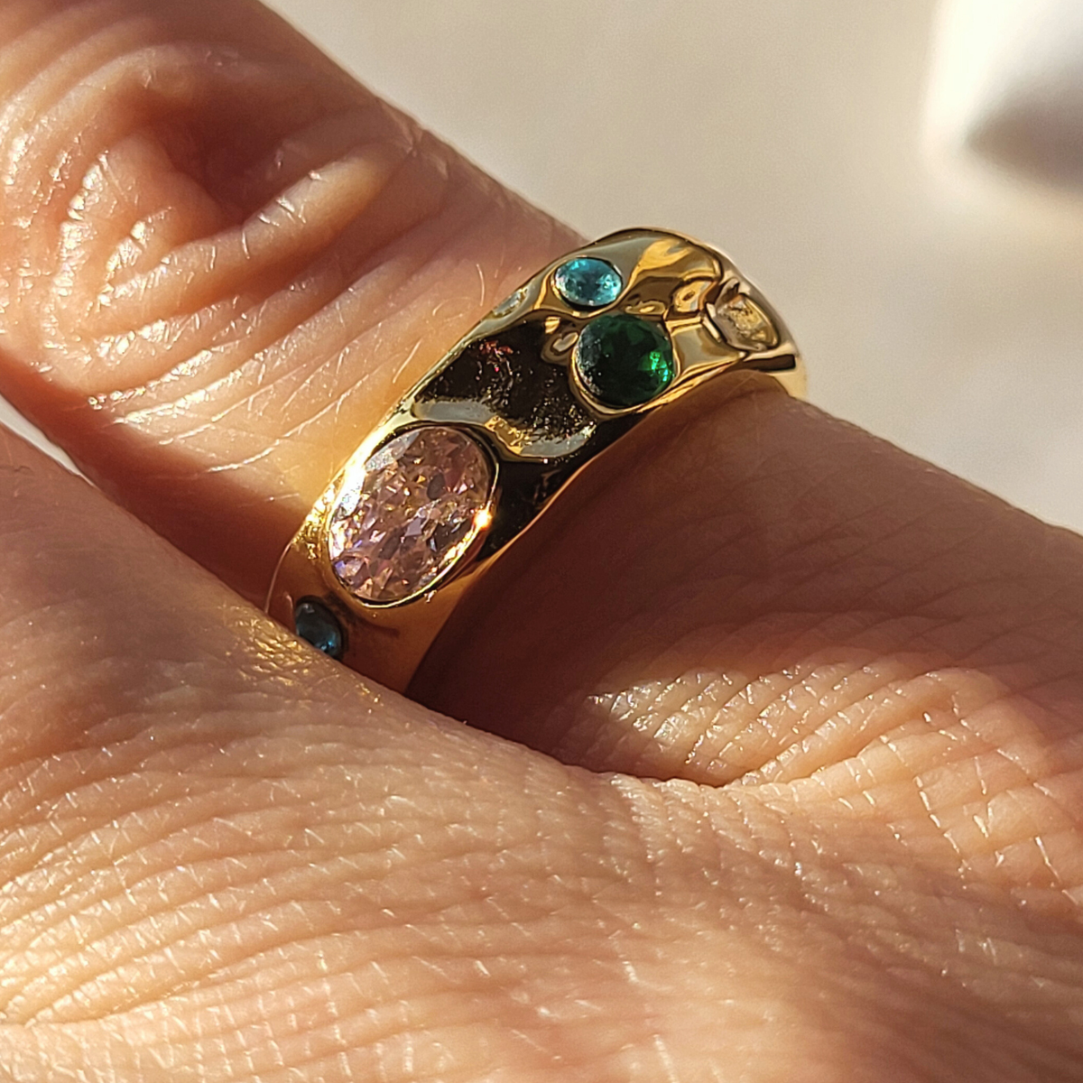 Dewdrops Gold Hammered Zirconia Ring