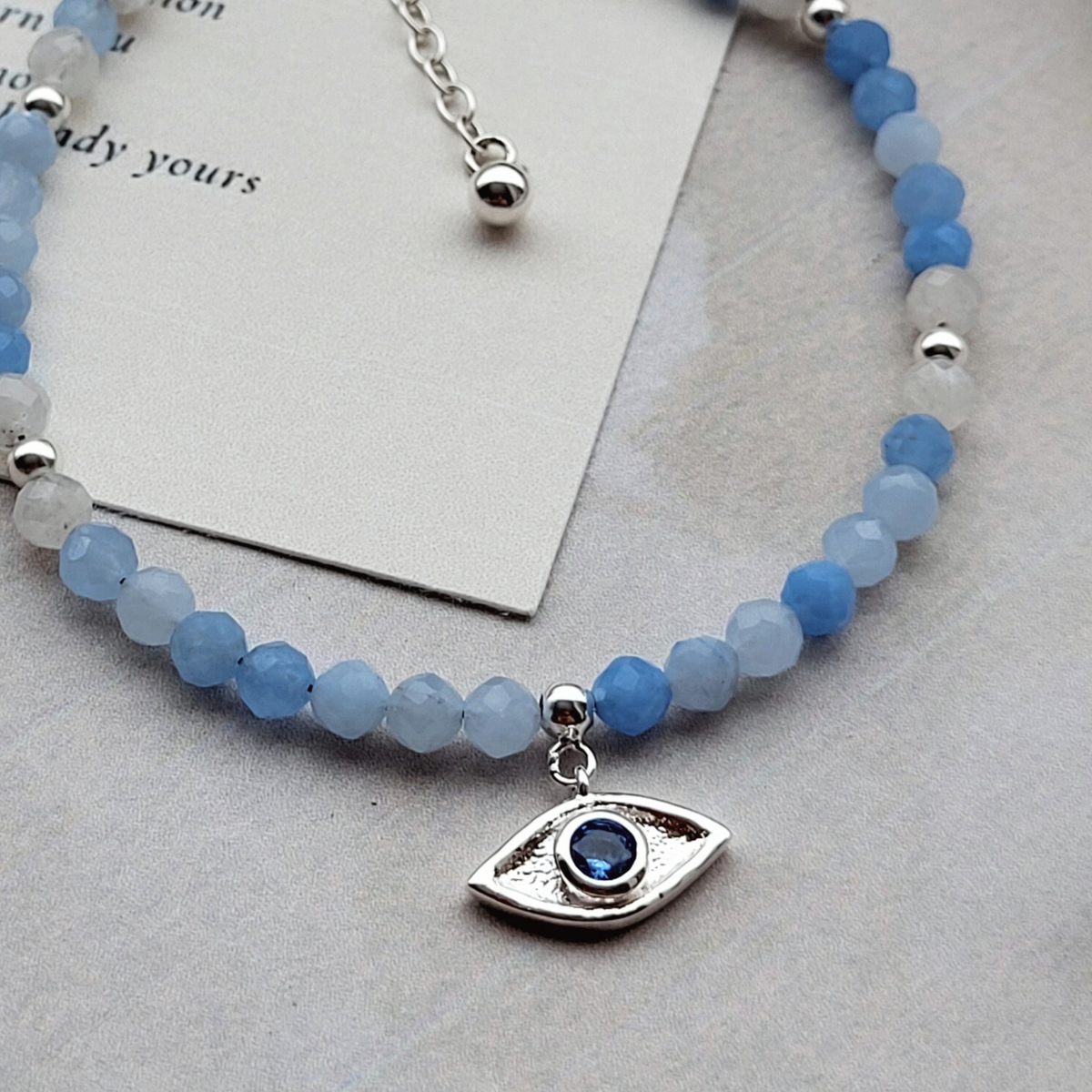 Flow — Emotional Clarity Ritual Bracelet | Aquamarine & Moonstone | Sterling Silver Evil Eye