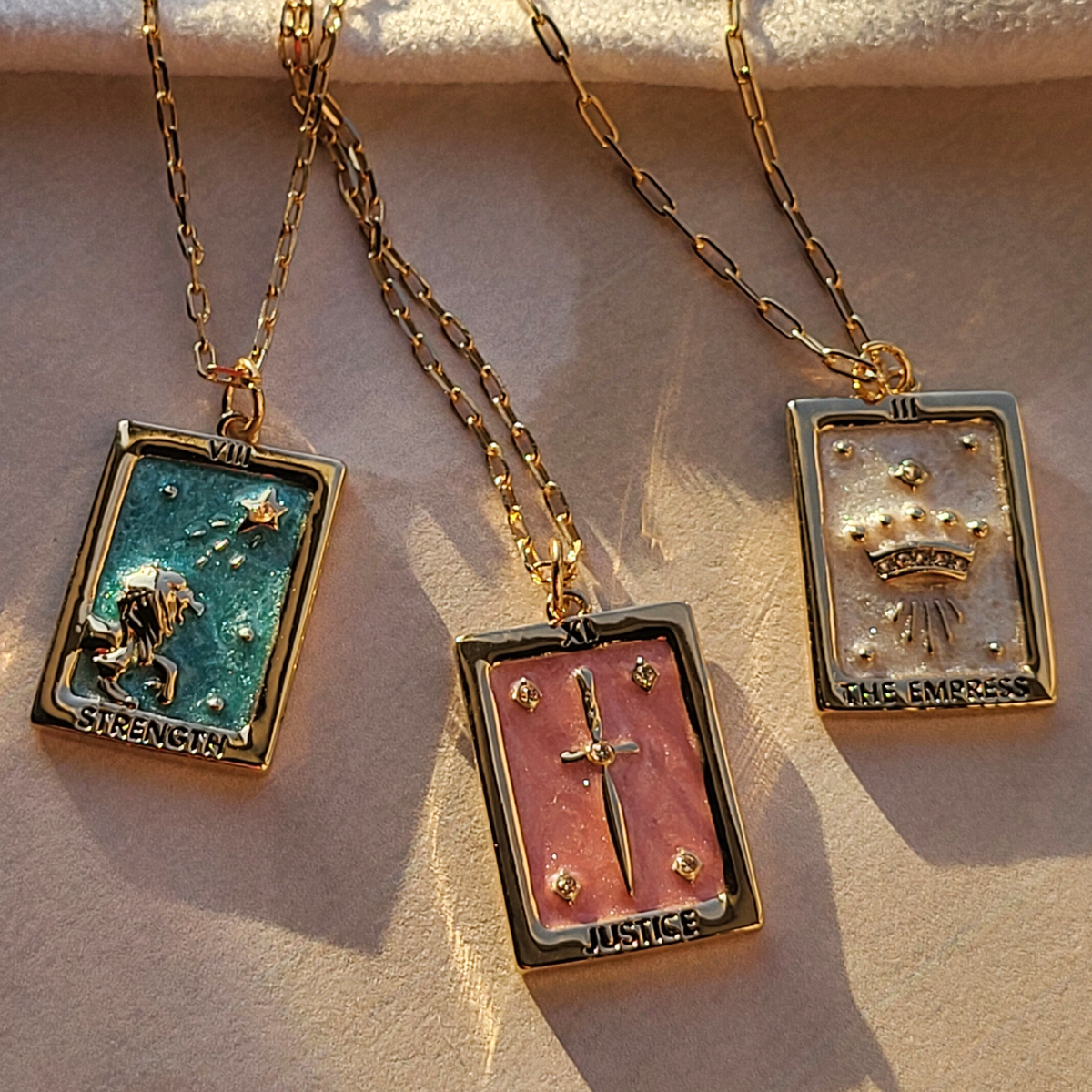 Tarot Square Pendant Necklaces:  Empress / Justice / Strength